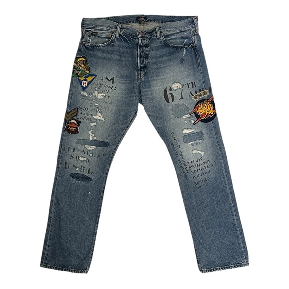 Polo Ralph Lauren Varick Slim Straight Jeans Military Patches Distressed 38 x 32 - Picture 2 of 16